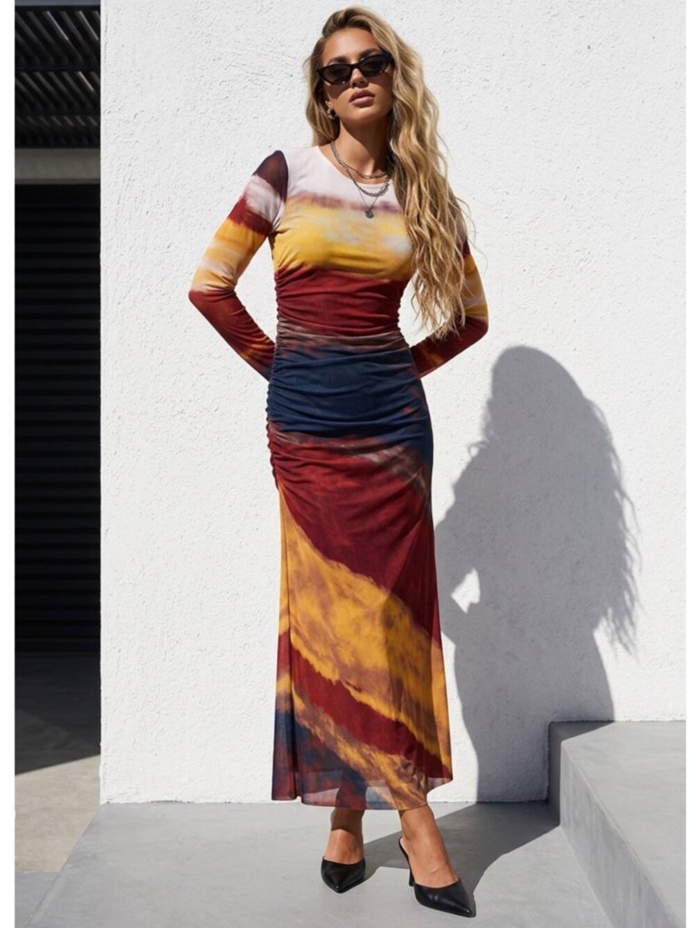 Y2K Printed Mesh Maxi Dress M Ruching Fairy Grunge Long Sleeve